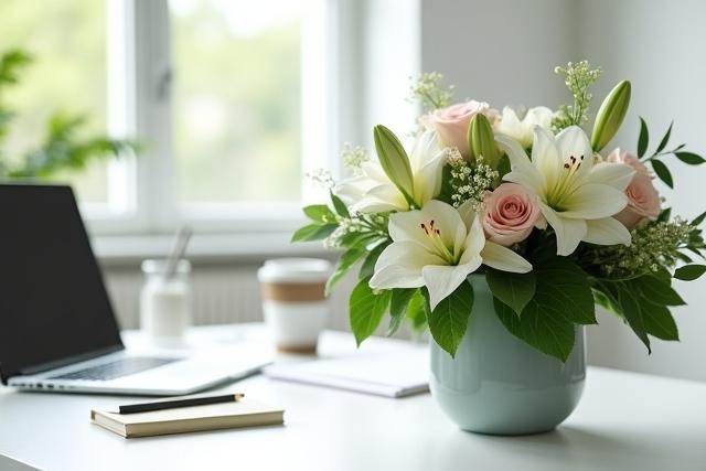 Arreglos florales frescos en un moderno ambiente de oficina