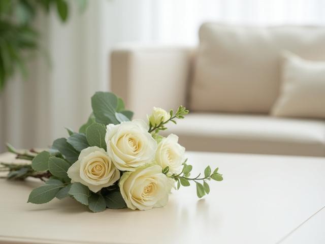 Ramo de flores pequeño y elegante sobre una mesa de café, representando el Plan Clásico de suscripción.